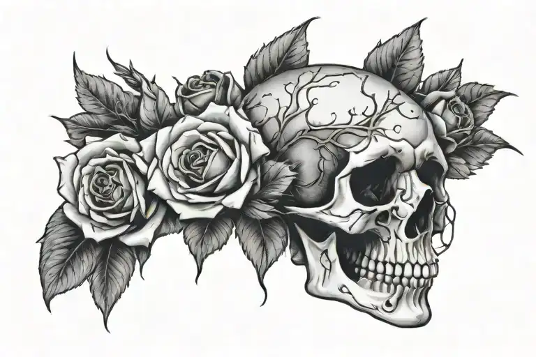 Broken skull in the upper left area with a hollow deo salinedo deminio with thorns around the skull and a rose in the up tattoo design idea