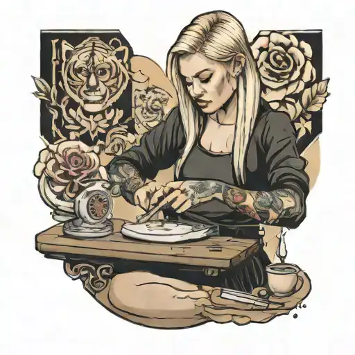 blonde girl working with a whetstone  tattoo design idea