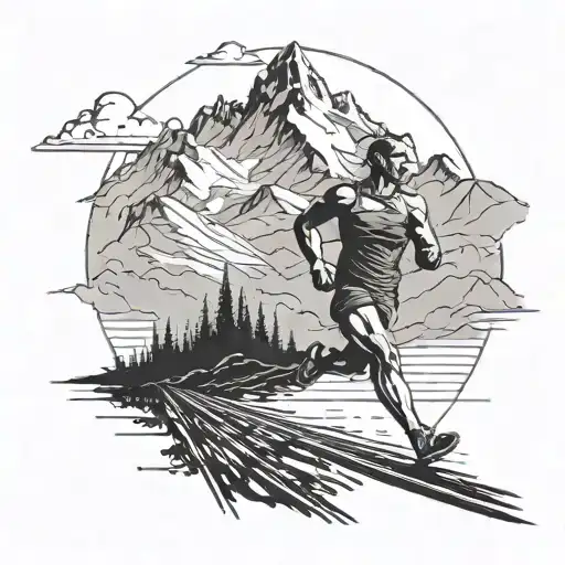 A runner crossing a finish line with a mountain in the background, incorporating elements of air freight operations tattoo design idea