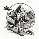 A runner crossing a finish line with a mountain in the background, incorporating elements of air freight operations tattoo design idea
