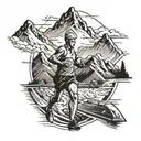 A runner crossing a finish line with a mountain in the background, incorporating elements of air freight operations tattoo design idea