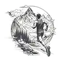 A runner crossing a finish line with a mountain in the background, incorporating elements of air freight operations tattoo design idea