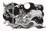 ocean Poseidon holding a trident waves old sail boat tattoo design idea
