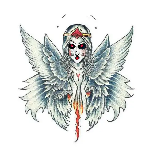 Neotraditional Dark Hooded Angel with Fiery Eyes tattoo design idea
