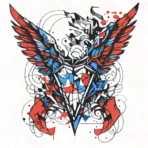 diamond angel wings red and blue chest tattoo design idea