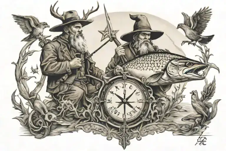 Hunting, fishing, religion symbols in one tattoo design idea