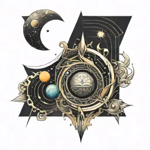 solar system 3d abstract davinchi style with only eart colored and ukrainian ornament tattoo design idea