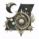 solar system 3d abstract davinchi style with only eart colored and ukrainian ornament tattoo design idea