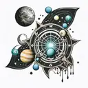 solar system 3d abstract davinchi style with only eart colored and ukrainian ornament tattoo design idea