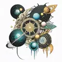 solar system 3d abstract davinchi style with only eart colored and ukrainian ornament tattoo design idea