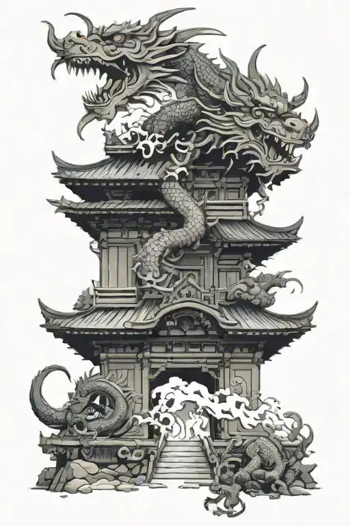 japanese temple surround by dragon tattoo design idea