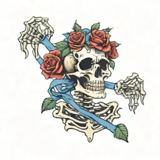 grateful Dead skeleton wearing a rose crown on its head with blue ribbons flowing out of the rose crown to the shoulders tattoo design idea