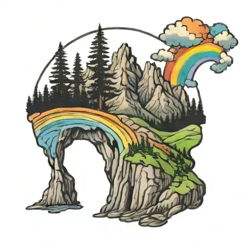 A mountain landscape with a rainbow arching over the peaks and a Grateful Dead logo incorporated into the scenery tattoo design idea