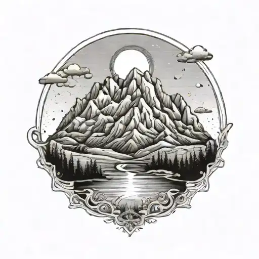 A mountain landscape with a rainbow arching over the peaks and a Grateful Dead logo incorporated into the scenery tattoo design idea