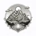A mountain landscape with a rainbow arching over the peaks and a Grateful Dead logo incorporated into the scenery tattoo design idea