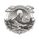 A mountain landscape with a rainbow arching over the peaks and a Grateful Dead logo incorporated into the scenery tattoo design idea
