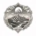 A mountain landscape with a rainbow arching over the peaks and a Grateful Dead logo incorporated into the scenery tattoo design idea