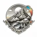 A mountain landscape with a rainbow arching over the peaks and a Grateful Dead logo incorporated into the scenery tattoo design idea
