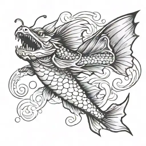 dragon flying bass fish jumping tattoo design idea