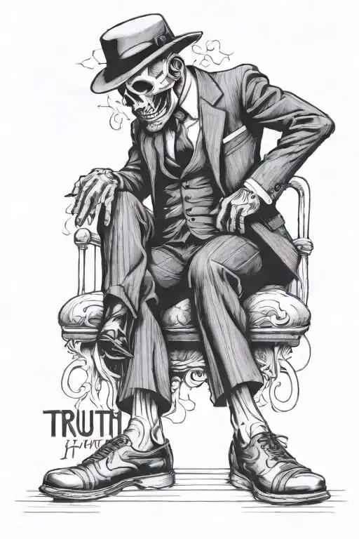 man in 3 piece suit without hands, feet, or a head, the word "truth" in place of a face tattoo design idea
