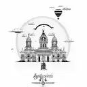 A whimsical hot air balloon floating over the iconic landmarks of Santiago, Mendoza, Buenos Aires, and Montevidéu tattoo design idea