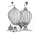 A whimsical hot air balloon floating over the iconic landmarks of Santiago, Mendoza, Buenos Aires, and Montevidéu tattoo design idea