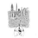 A surreal scene of a student backpacking through the vibrant streets of Santiago, Mendoza, Buenos Aires, and Montevidéu, with each city represented by a unique symbol tattoo design idea