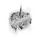 A surreal scene of a student backpacking through the vibrant streets of Santiago, Mendoza, Buenos Aires, and Montevidéu, with each city represented by a unique symbol tattoo design idea