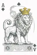A lion on a playing card. There is a crown in each of the two corners, top left and bottom right. tattoo design idea