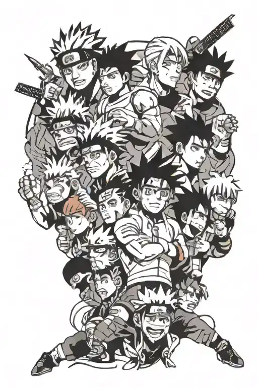 Tattoo with anime characters that are the following, naruto, asta, ippo, melodies tattoo design idea