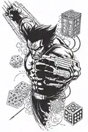 sleeve idea with wolverine, comic spiderman logo, doctor who tardis, sonic screwdriver, DND dice spilling down arm tattoo design idea