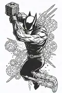 sleeve idea with wolverine, comic spiderman logo, doctor who tardis, sonic screwdriver, DND dice spilling down arm tattoo design idea