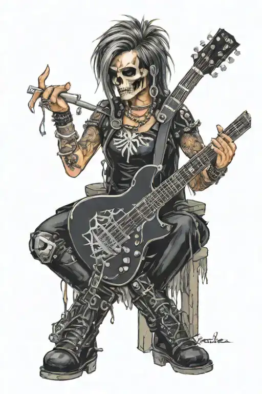 a glam metal woman dressed in black leather with skull hair playing guitar with the word "rockstar" written on top  tattoo design idea