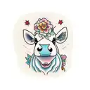 a cartoon cow sitting down smelling a flower  tattoo design idea