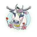 a cartoon cow sitting down smelling a flower  tattoo design idea