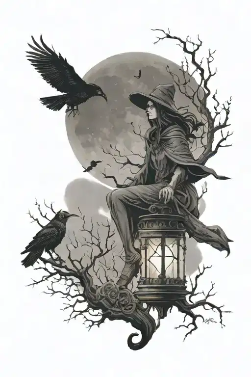 A mesmerizing design featuring a witch in a haunted forest, with crows silhouetted against the moonlit sky and a lantern casting a soft glow tattoo design idea