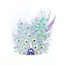 Peacock phoenix and climbing plants, ferns, moss and mushrooms with crystals in dark shades of purple, turquoise and gre tattoo design idea