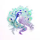 Peacock phoenix and climbing plants, ferns, moss and mushrooms with crystals in dark shades of purple, turquoise and gre tattoo design idea