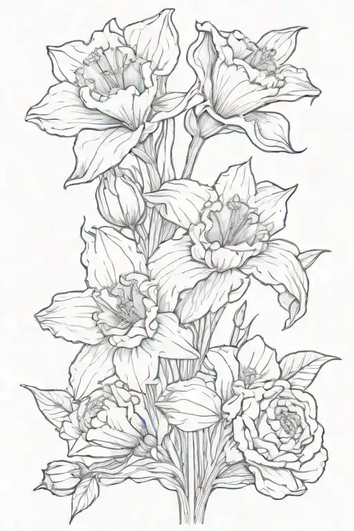 dainty bouquet of 1 daffodil flower, 1 poppy flower, and 1 rose intertwined at the stem  tattoo design idea