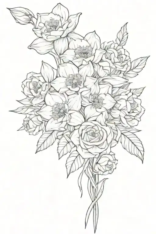 dainty bouquet of daffodil, poppy, and roses intertwined tattoo design idea