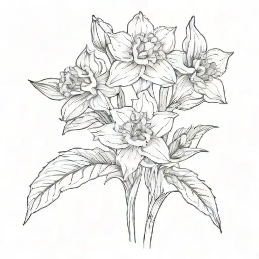 dainty bouquet of 1 daffodil flower, 1 poppy flower, and 1 rose intertwined at the stem  tattoo design idea
