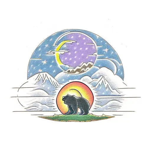 A bear under a tree with a sun and moon in the sky tattoo design idea