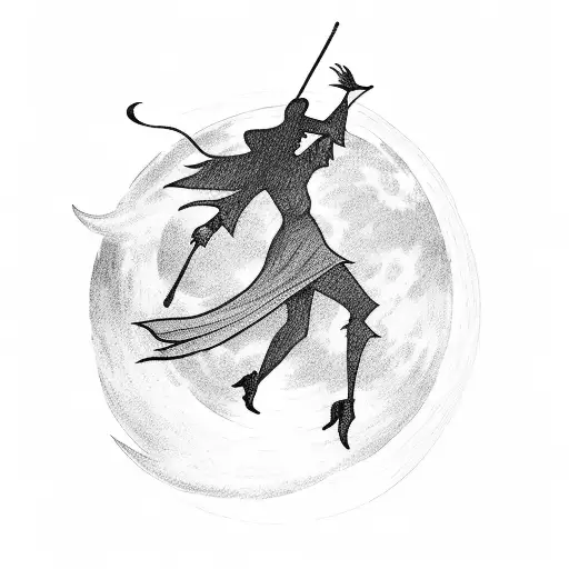 A silhouette of a witch flying against a moonlit sky tattoo design idea