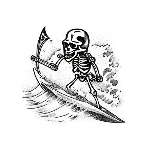skeleton surfing a big wave in Hawaii, holding a spear, wearing a helmet and night vision goggles tattoo design idea