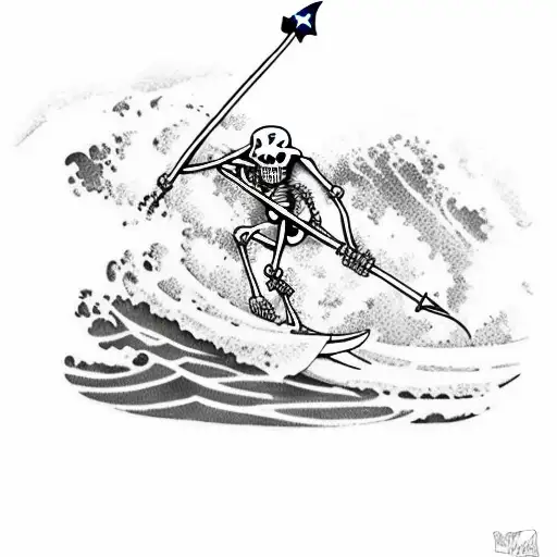skeleton surfing a big wave in Hawaii, holding a spear, wearing a helmet and night vision goggles tattoo design idea