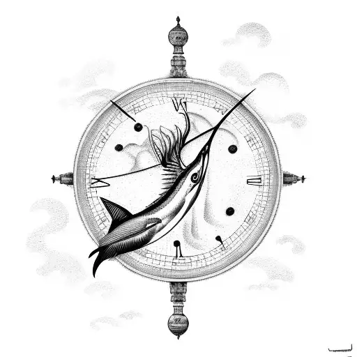 white marlin, Clock, Clouds tattoo design idea