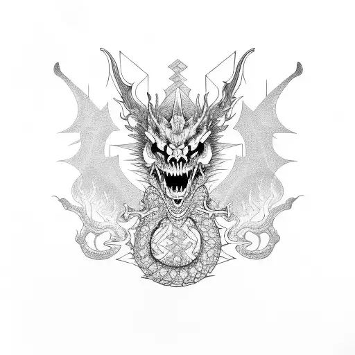 A dragon made of interlocking geometric shapes, breathing fire while surrounded by skulls and owls tattoo design idea