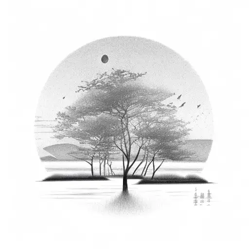 A serene nature landscape with a subtle silhouette of my girlfriend tattoo design idea