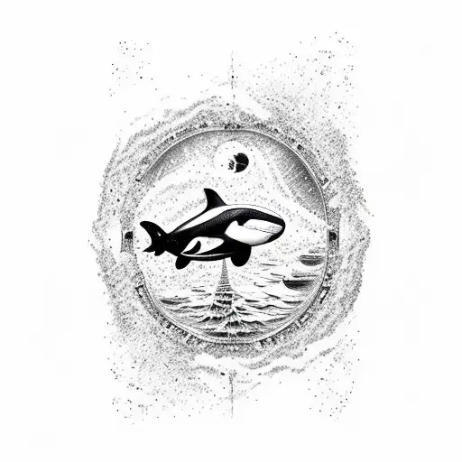 Earth whit a scuba diver in the west an orca to the east and the tree of life in the northeast reaching out to the stars tattoo design idea