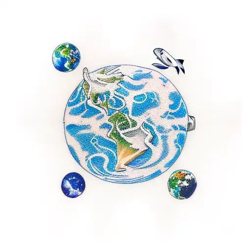 Earth whit a scuba diver and an orca surrounding the earth and the tree of life on top reaching out to the universe  tattoo design idea